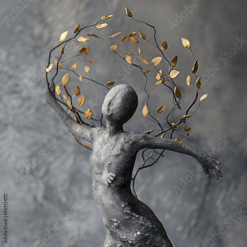 Abstract Stone Sculpture of Human Form with Golden Leaves on Textured Background photo