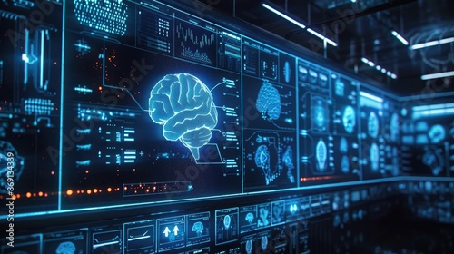 Illuminated Artificial Intelligence Brain Interface Display technology background