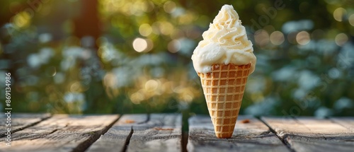 Sweet Vanilla Ice Cream Cone on Picnic Table in Stunning 8K Quality