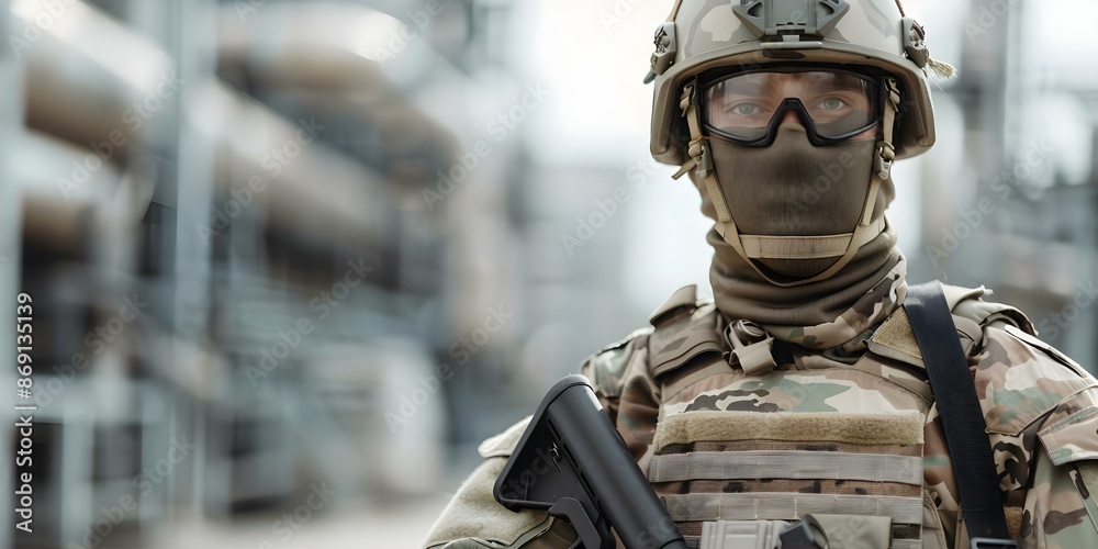 Guard in military uniform protects key locations at contemporary oil refinery. Concept Military Protection, Oil Refinery, Guard Duty, Key Locations, Contemporary Setting Guard in military uniform protects key locations at contemporary oil refinery. Concept Military Protection, Oil Refinery, Guard Duty, Key Locations, Contemporary Setting