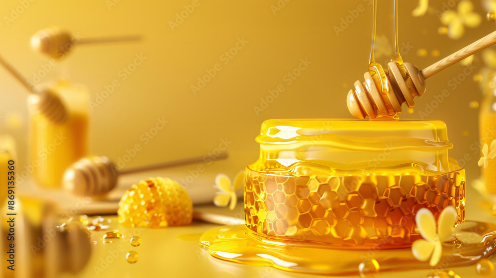 Honeycomb Jar with Dripping Honey and Flowers Honeycomb Jar with Dripping Honey and Flowers
