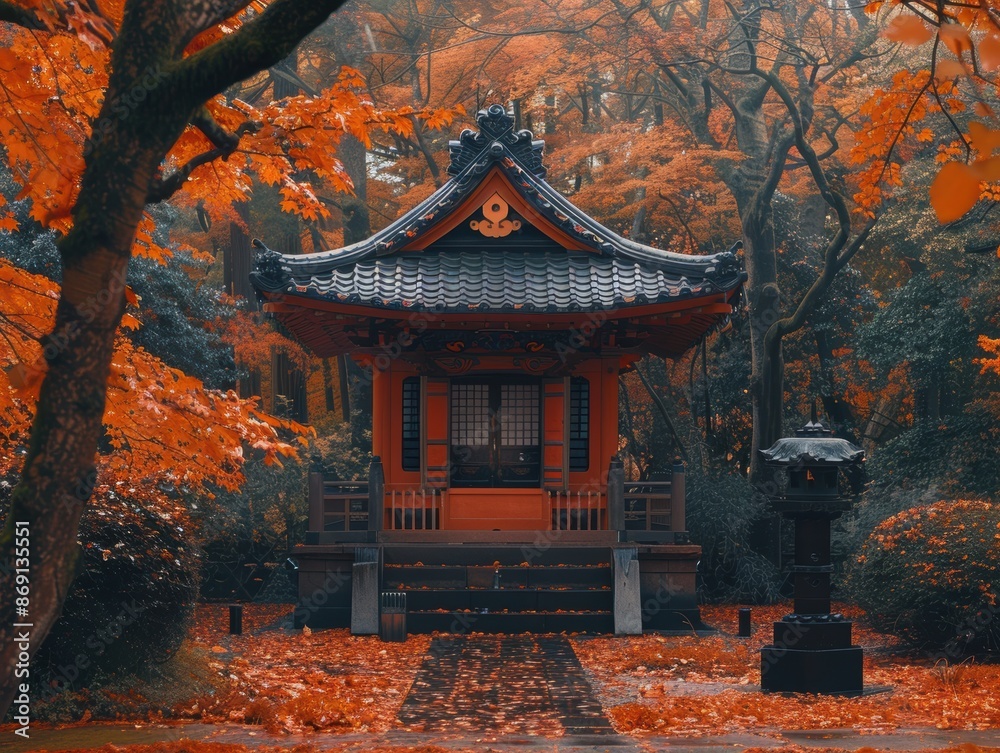 Traditional Japanese temple surrounded by vibrant autumn foliage in a serene forest setting. Traditional Japanese temple surrounded by vibrant autumn foliage in a serene forest setting.