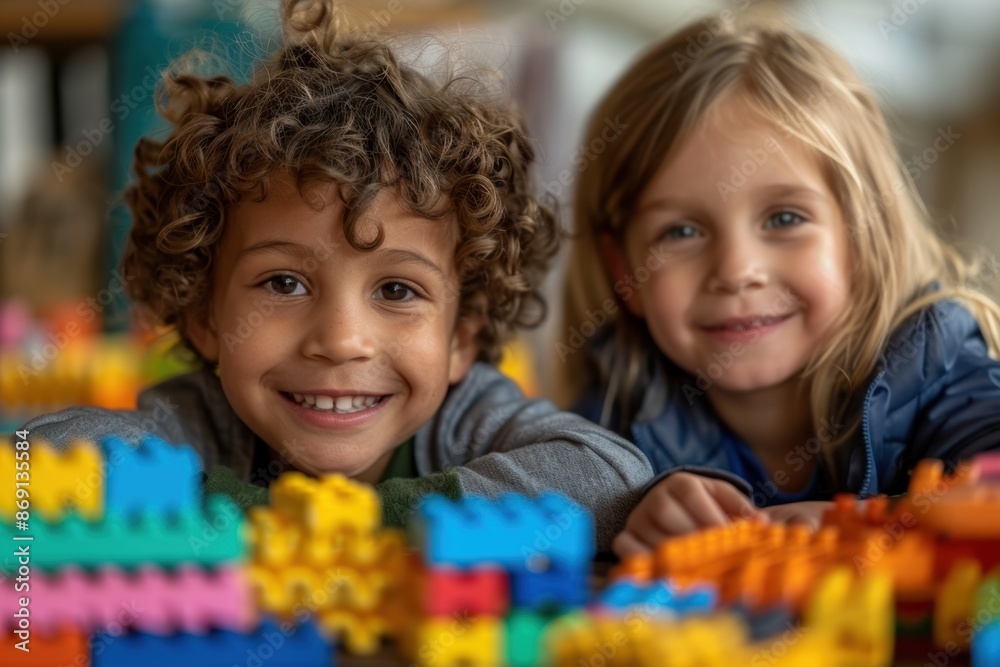 Two smiling children playing with colorful building blocks, enjoying creative playtime together in a cheerful indoor setting. Two smiling children playing with colorful building blocks, enjoying creative playtime together in a cheerful indoor setting.