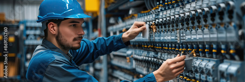 An engineer, wearing a hard hat and blue overalls, intently works on a complex system of electrical components within an industrial setting