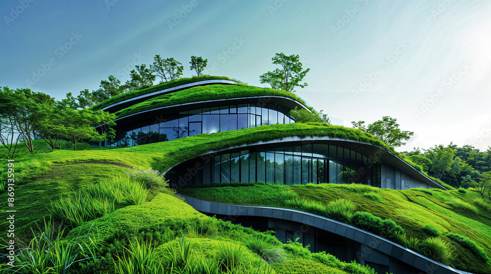 Fototapeta premium Modern Eco-Friendly Building with Green Roofs and Lush Vegetation in a Natural Landscape