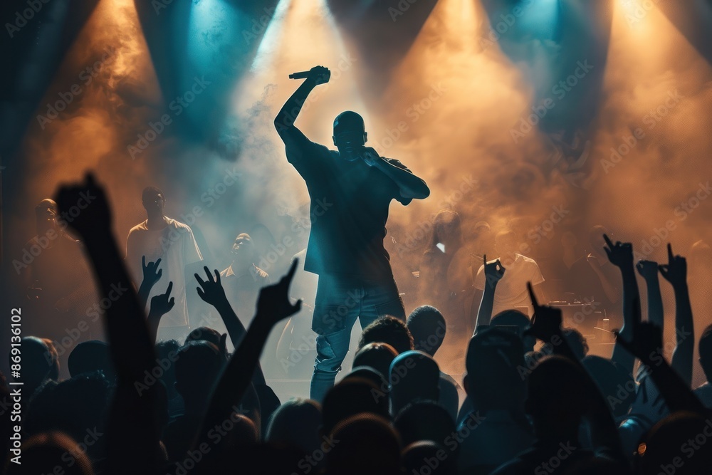 High-energy rapper captivating audience on stage.