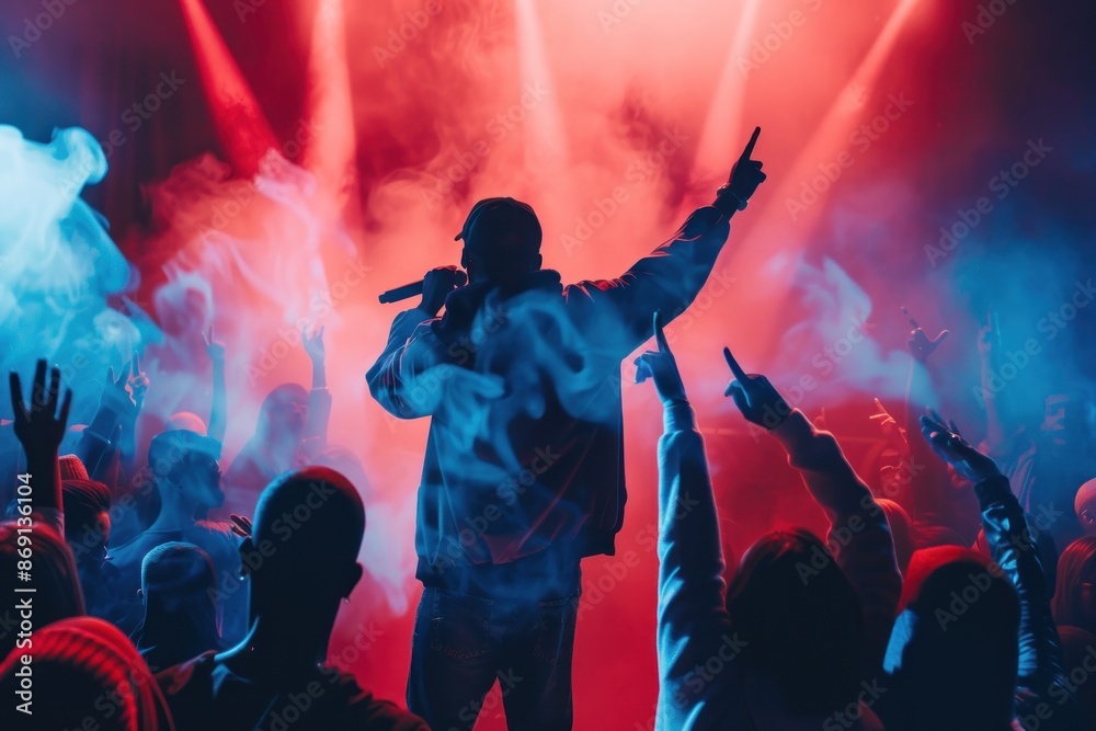 Rapper with raised hand amid smoke effects on stage.
