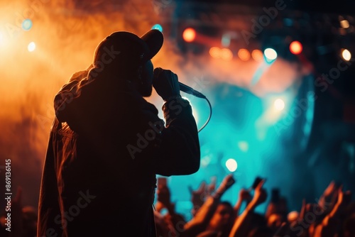 Energetic rapper on stage engaging with the crowd.