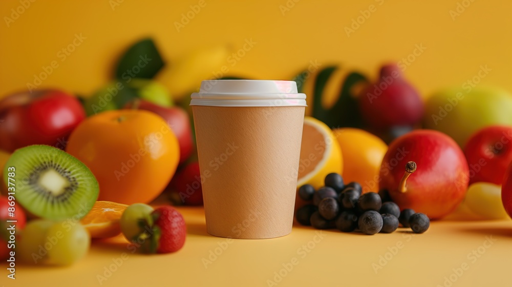 Refreshing Fruit-Infused Coffee in Paper Cup with Coffee Beans on Brown Background, Perfect for Summer Beverage Banners and Cafe Advertisements Refreshing Fruit-Infused Coffee in Paper Cup with Coffee Beans on Brown Background, Perfect for Summer Beverage Banners and Cafe Advertisements