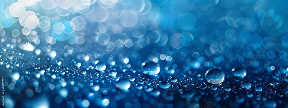 A tight shot of water droplets on a blue backdrop, surrounded by a hazy light centered within A tight shot of water droplets on a blue backdrop, surrounded by a hazy light centered within