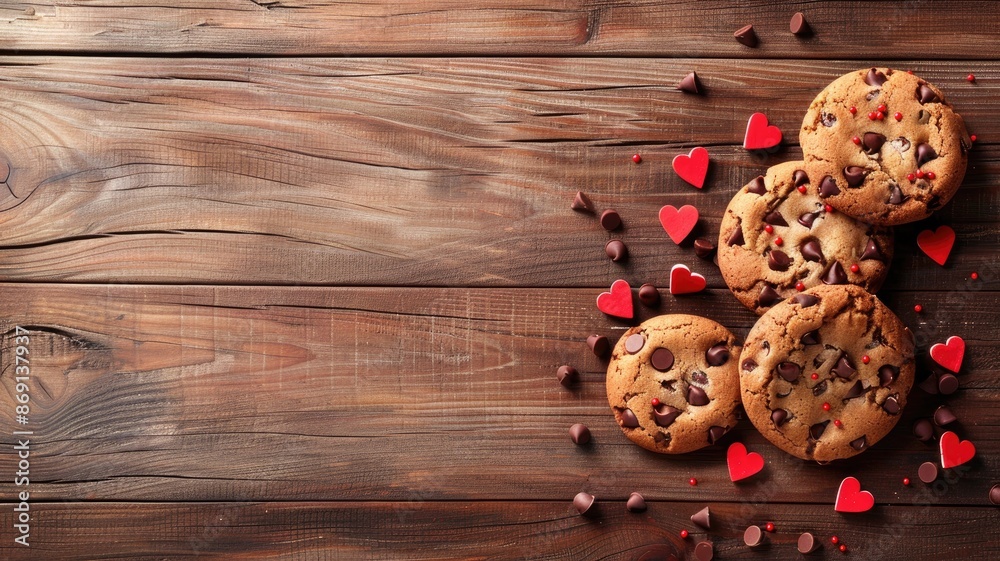 Chocolate chip cookies with heart decorations on a wooden background. Chocolate chip cookies with heart decorations on a wooden background.