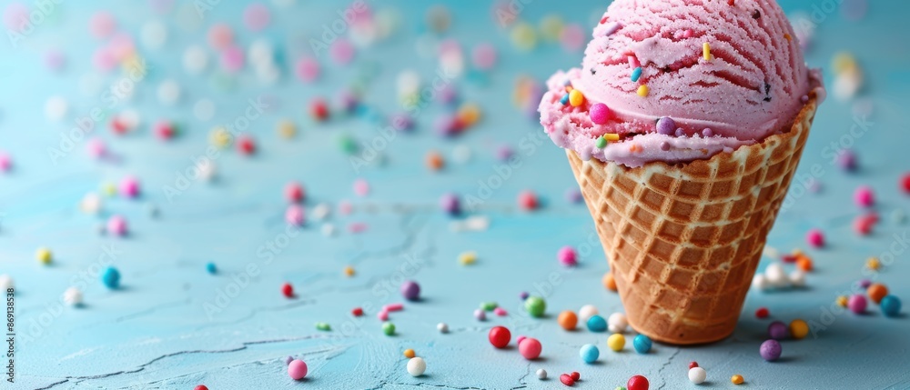 Vibrant Close-up of Delicious Ice Cream Cone with Colorful Toppings for Summer Treats Vibrant Close-up of Delicious Ice Cream Cone with Colorful Toppings for Summer Treats