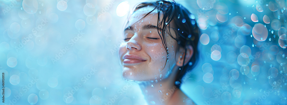 The face of a beautiful smiling girl under splashes of water on a blue background. Hygiene, hair and skin care. Hygienic procedures in shower, spa salon, Banner with copy space for beauty salons The face of a beautiful smiling girl under splashes of water on a blue background. Hygiene, hair and skin care. Hygienic procedures in shower, spa salon, Banner with copy space for beauty salons