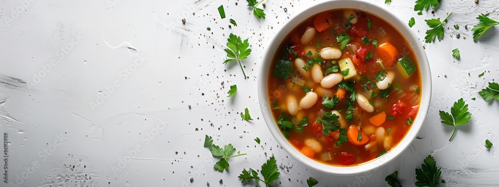 A tight shot of a white porcelain bowl filled with steaming soup Parsley garnish gracefully arranged to one side A tight shot of a white porcelain bowl filled with steaming soup Parsley garnish gracefully arranged to one side