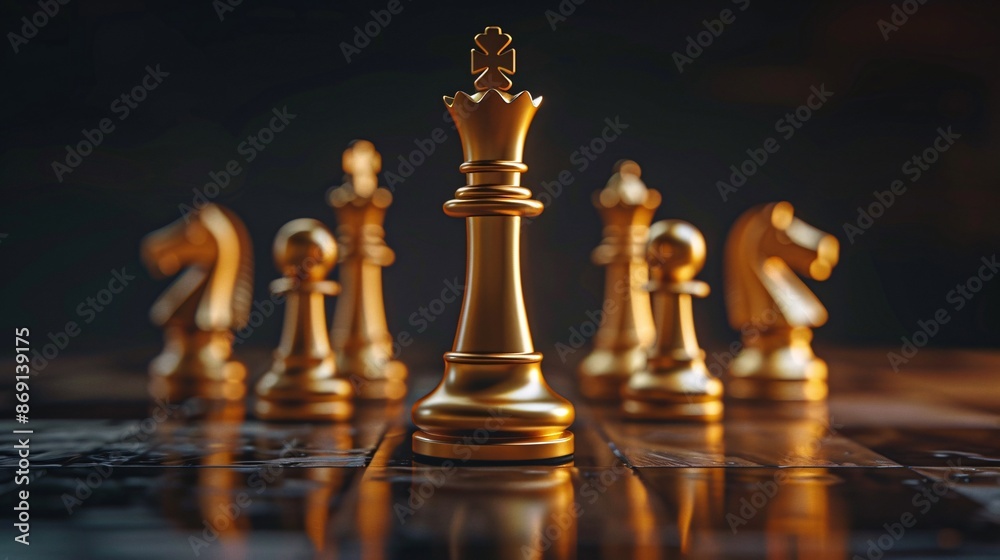 Golden Chess Queen Standing Tall on a Dark Wooden Board Golden Chess Queen Standing Tall on a Dark Wooden Board