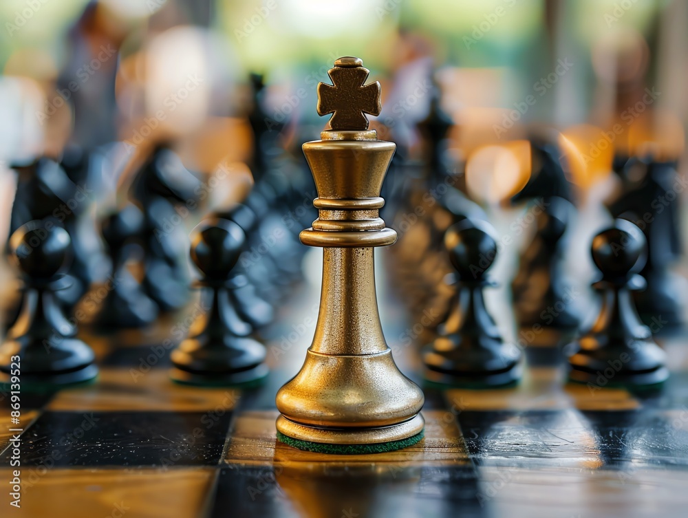 Close-up of a golden chess king piece on a board, surrounded by black pieces. Close-up of a golden chess king piece on a board, surrounded by black pieces.