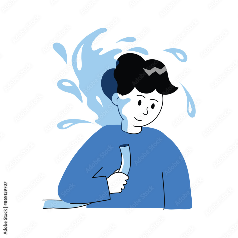 a man putting water on himself with water pipe, hot summer day character illustration a man putting water on himself with water pipe, hot summer day character illustration