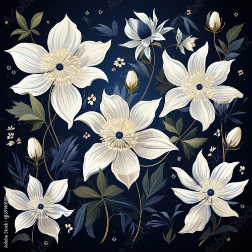 Elegant Clematis Flower: Flat Style Vector with Dark Palette
