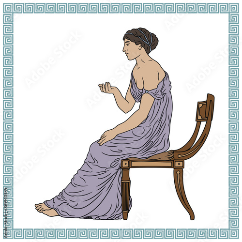 An ancient Greek young woman in a tunic sits on a chair talking to her interlocutor and gesticulating. Figure isolated on white background