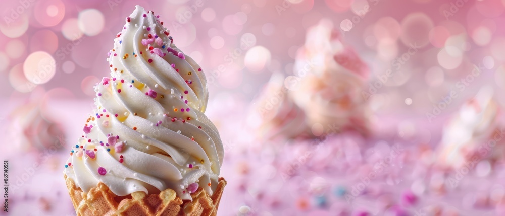 Delicious Vanilla Ice Cream Cone with Colorful Sprinkles in High Quality
