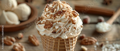 Delicious Vanilla Ice Cream Cone with Nut Topping - High-Quality 8K Image for Food Concepts