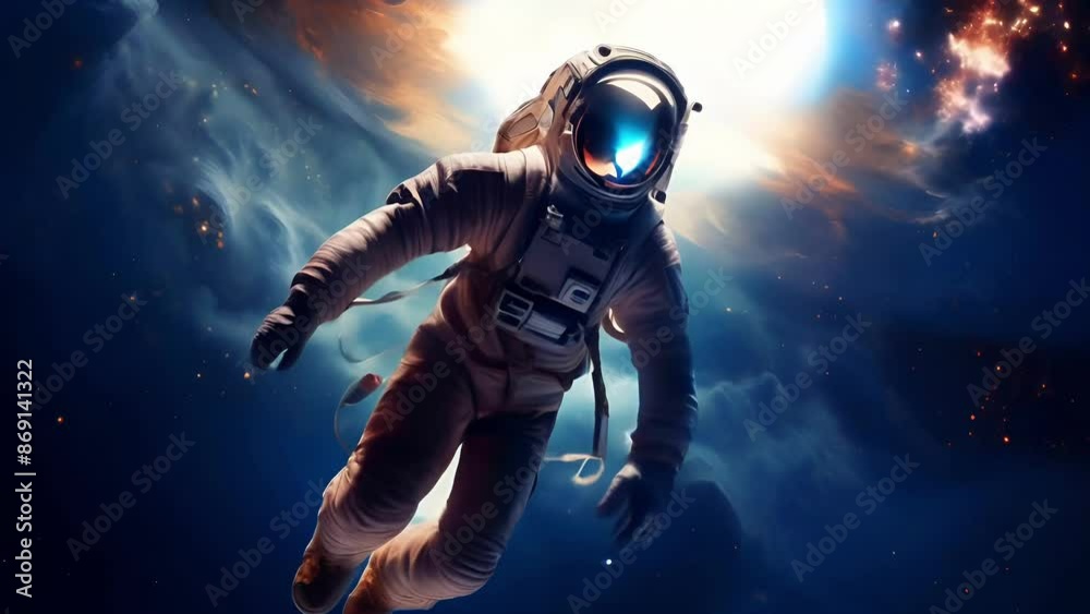 An astronaut floating flying in space with zero gravity backlit by a dramatic cosmic motion nebula with swirling clouds and glowing particles