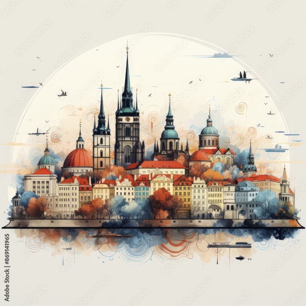 Fototapeta premium Minimalist Prague Skyline Illustration in Vector