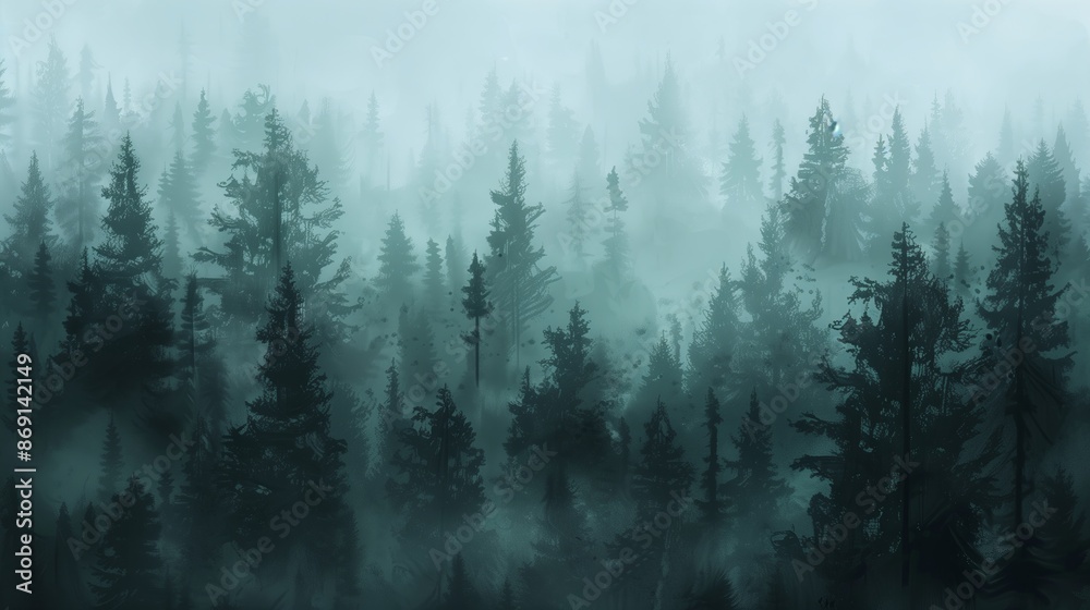 Foggy forest landscape with a mysterious and serene mood. Ideal for nature, travel, and winter