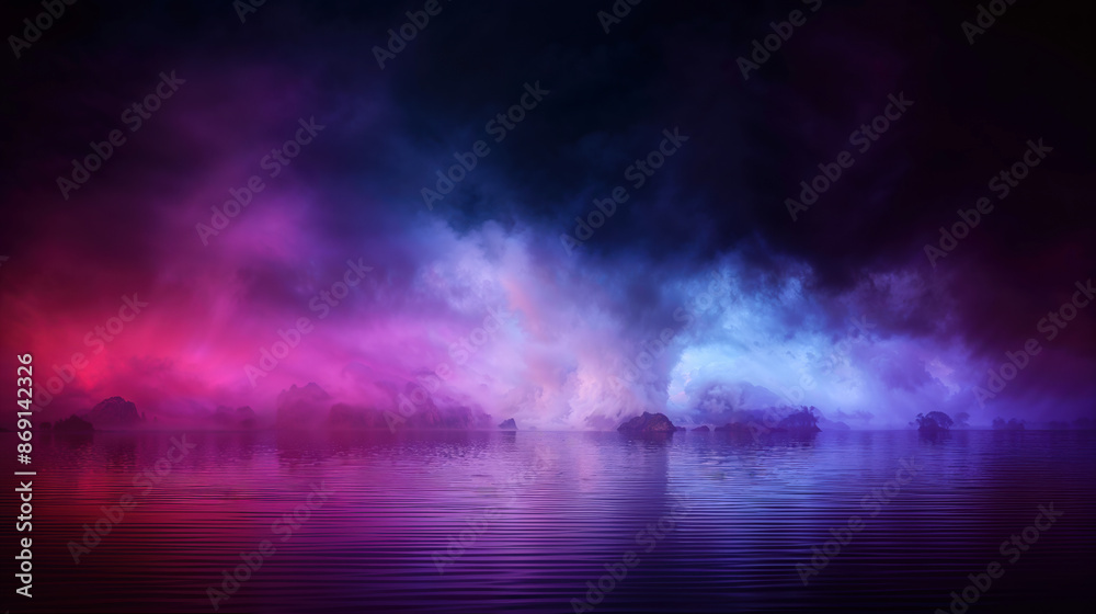 Enchanting Misty Landscape with Vivid Purple and Pink Clouds Reflecting Over Calm Water at Dusk. Ethereal and Dreamy Nature Scene Enchanting Misty Landscape with Vivid Purple and Pink Clouds Reflecting Over Calm Water at Dusk. Ethereal and Dreamy Nature Scene