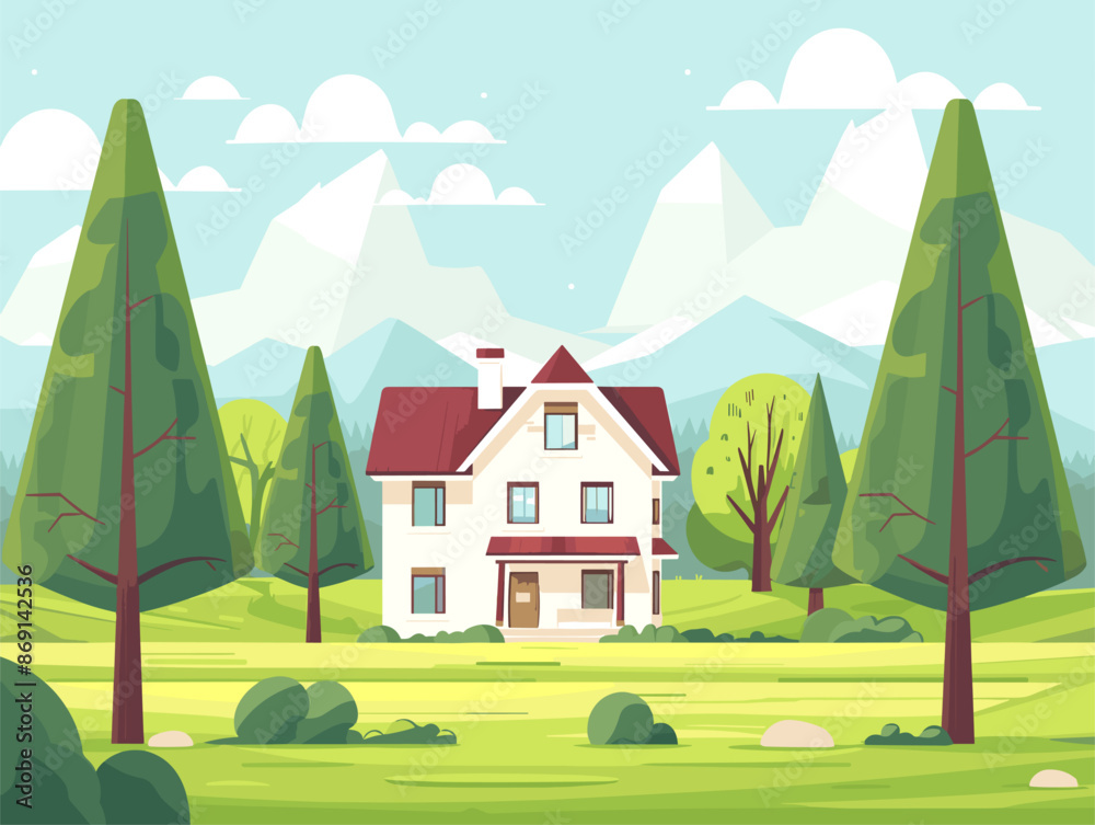 Naklejka premium Countryside Haven: A Rural Farmhouse Nestled Amidst Vast Verdant Land, Embodying the Rustic Charm and Abundance of Nature