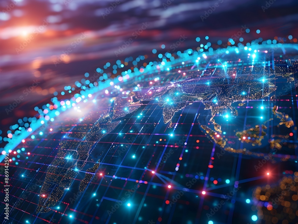 Obraz premium Futuristic Digital Globe with High Speed Global Network Connectivity and Data Exchange