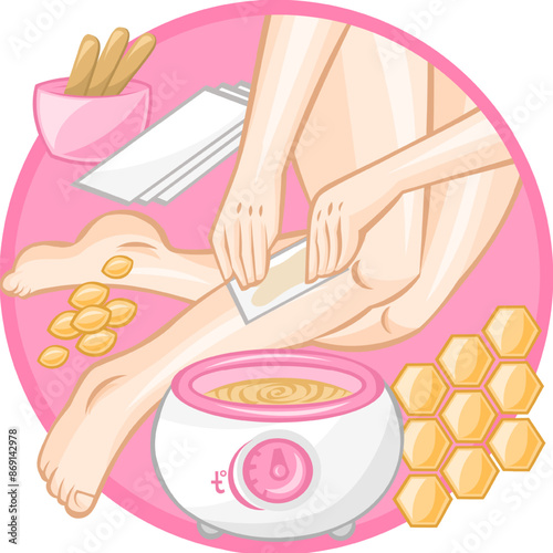 Hair removal with waxing. Girl removes unwanted hair from her legs with a help of waxing depilation. Depilation vector collection. No hair Logo