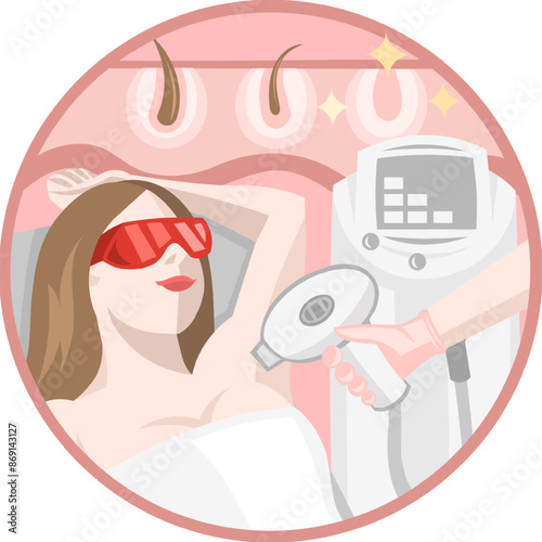 Depilation or Epilation vector collection. Cosmetologist removes unwanted hair from underarm area body of a girl with a help of laser epilation procedure. No hair Logo
