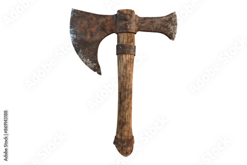 Wooden rusty axe isolated on transparent background