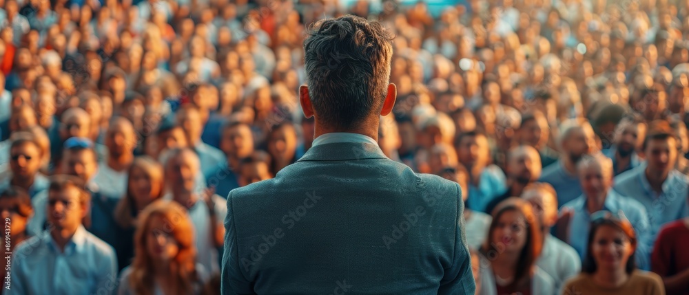 Inspiring Political Leader Addressing Crowd with Conviction on Open-Air Stage Inspiring Political Leader Addressing Crowd with Conviction on Open-Air Stage