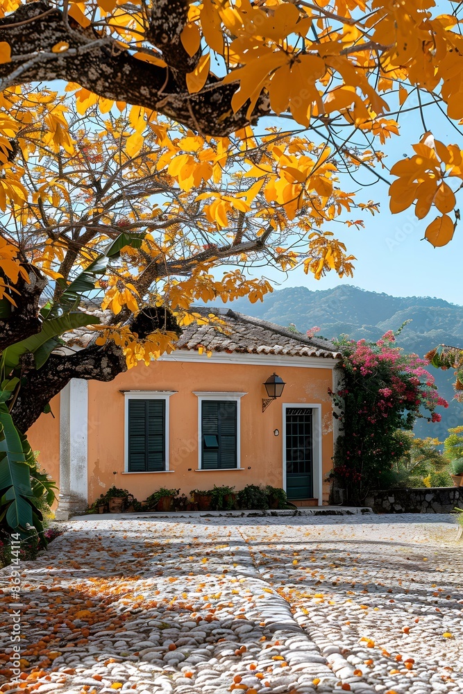 Naklejka premium A beautiful house with a yellow tree in front of it