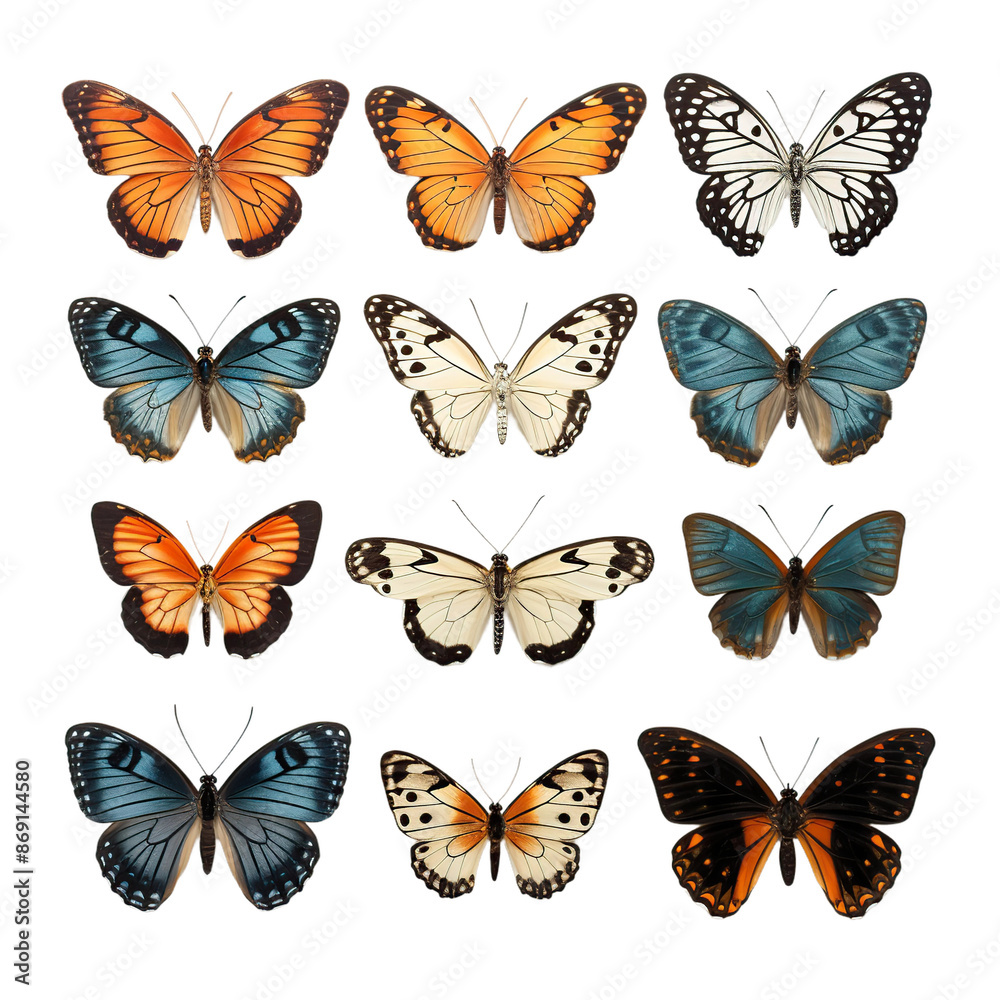 Fototapeta premium Set of a butterfly, isolated on white or transparent background cutout.