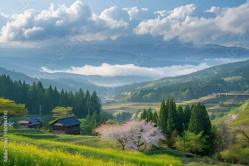 A beautiful landscape of terraced rice fields in Japan