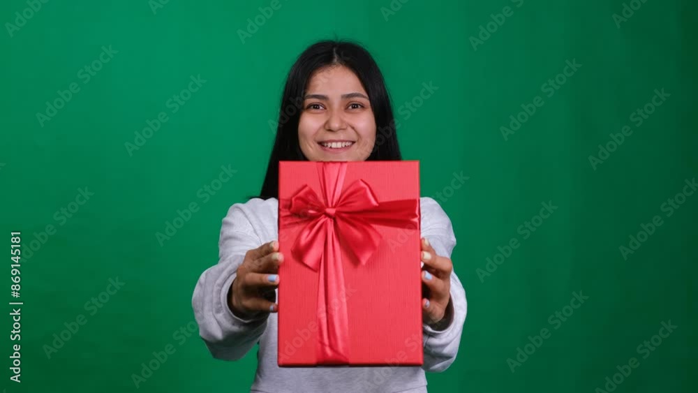 Woman in a studio gives a surprise birthday present. The gift box signifies celebration, tradition, and heartfelt congratulations for an anniversary or holiday, filled with joy and enjoyment Woman in a studio gives a surprise birthday present. The gift box signifies celebration, tradition, and heartfelt congratulations for an anniversary or holiday, filled with joy and enjoyment