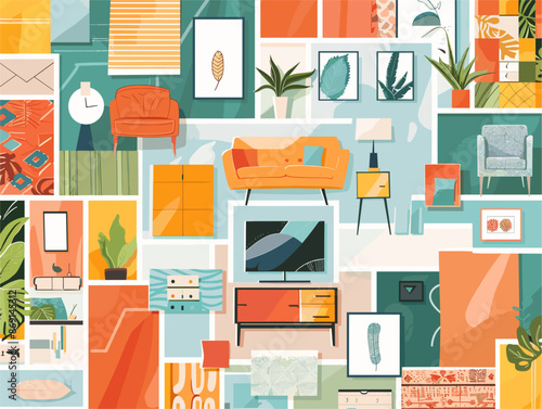 Vector Illustration of Interior Design Mood Board: A Visual Representation of Design Inspiration and Ideas