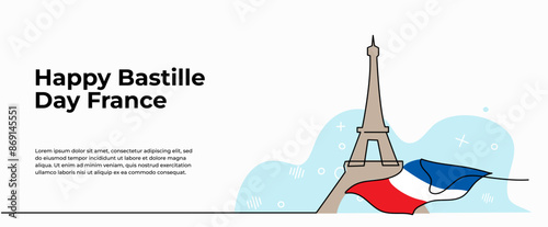 Vector illustration of  flag and tower of france.Modern flat in continuous line style.