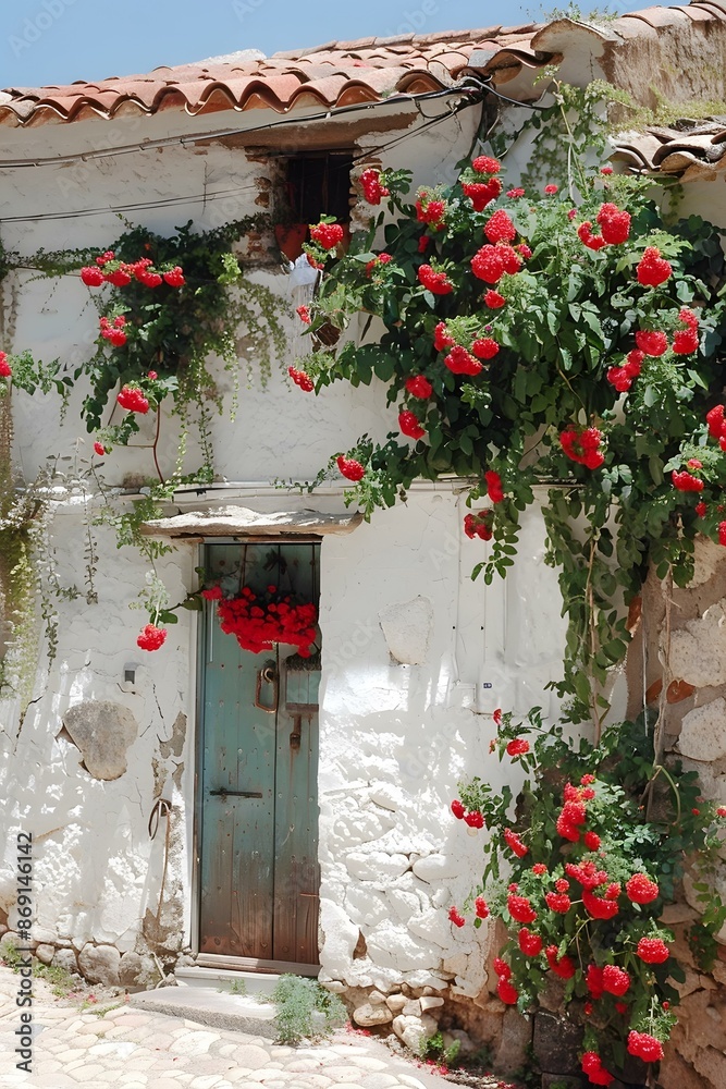 Fototapeta premium Charming Cottage Covered in Red Flowers