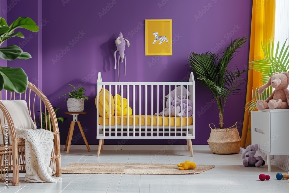 A purple wall in the baby's room, with yellow elements and white furniture, such as crib or cradle. There is also an animal poster on one of them.