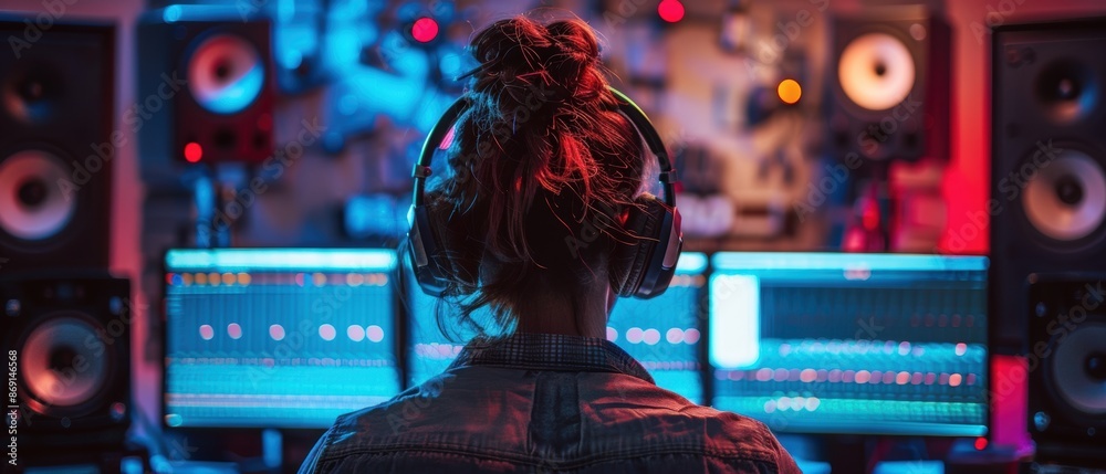 Naklejka premium Stylish Back View of Person in Recording Studio with Large Headphones, Embracing Modern Vibe