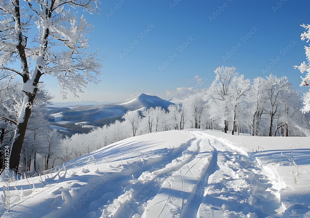 Snow Covered Trees and Mountain Landscape Snow Covered Trees and Mountain Landscape