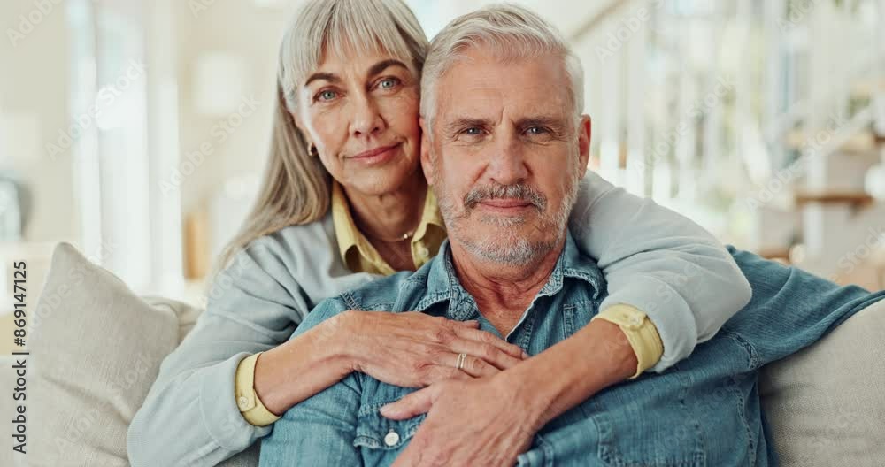 Mature couple, face and hug on sofa for love, marriage, and support with security or comfort on break or holiday. Portrait of man and woman in living room with embrace, bonding and together at home Mature couple, face and hug on sofa for love, marriage, and support with security or comfort on break or holiday. Portrait of man and woman in living room with embrace, bonding and together at home
