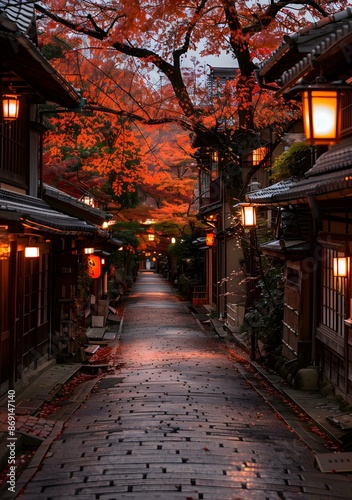 Autumn alley with red leaves in Kyoto Japan