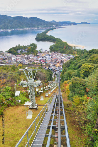 日本三景 天橋立 飛龍観 天橋立ビューランドのモノレールから見た天橋立（京都府） One of the Three Most Scenic Spots of Japan, Amanohashidate, Hiryu-kan, Amanohashidate seen from the monorail at Amanohashidate View Land ( Kyoto Prefecture) 