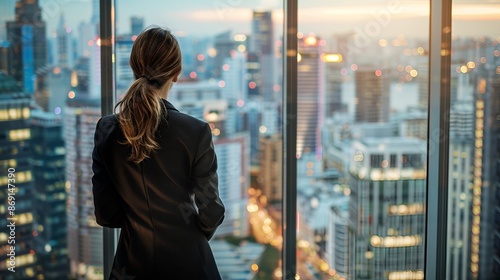 Photo of a young business woman looking at a cityscape from a window in a skyscraper office, conveying the concept of a female entrepreneur. The photo has a telephoto lens with realistic lighting and  © Sourav Mittal