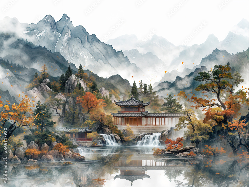 Fototapeta premium abstract watercolor wallpaper mountains and valleys with river stream in Japanese style